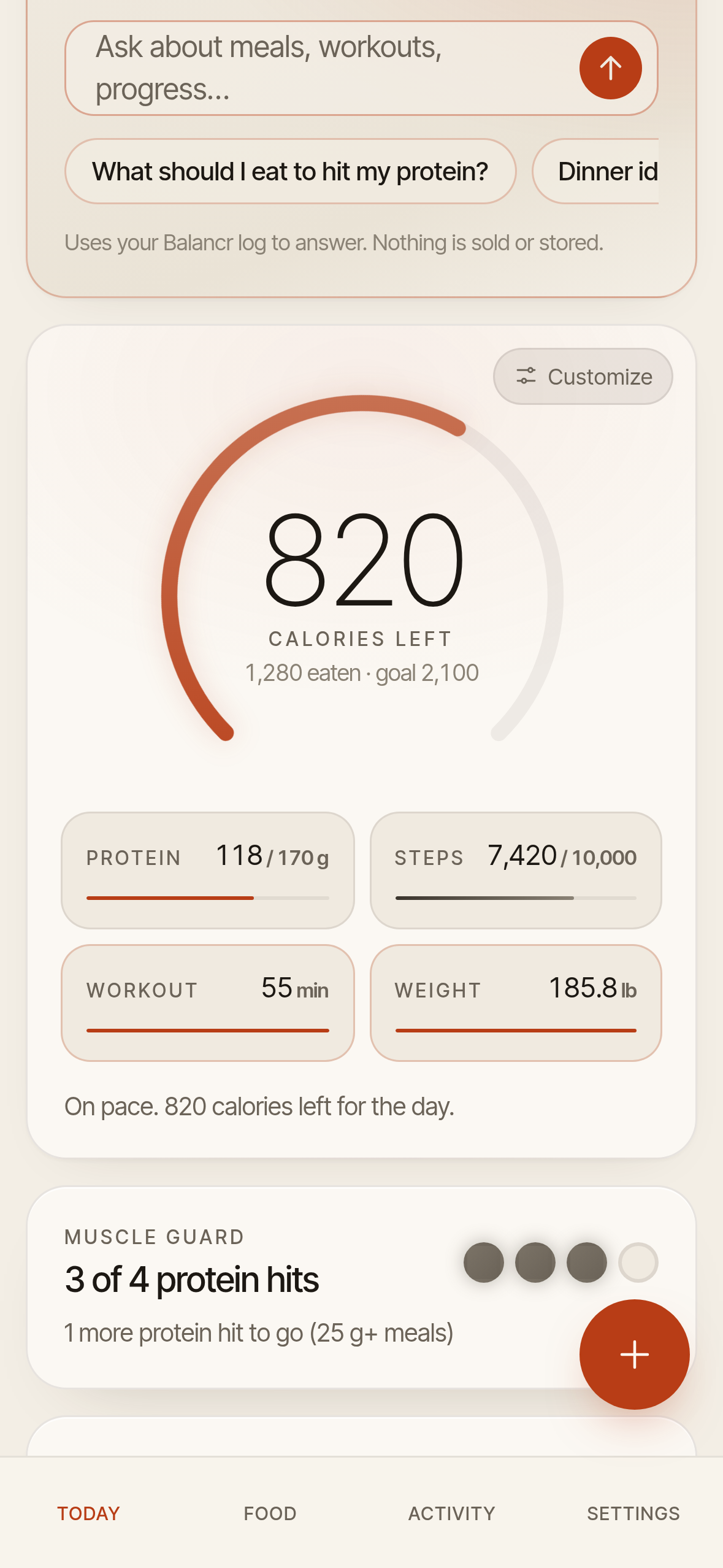 Balancr Today screen: 820 calories left, protein, steps, workout and weight, plus Ask Balancr