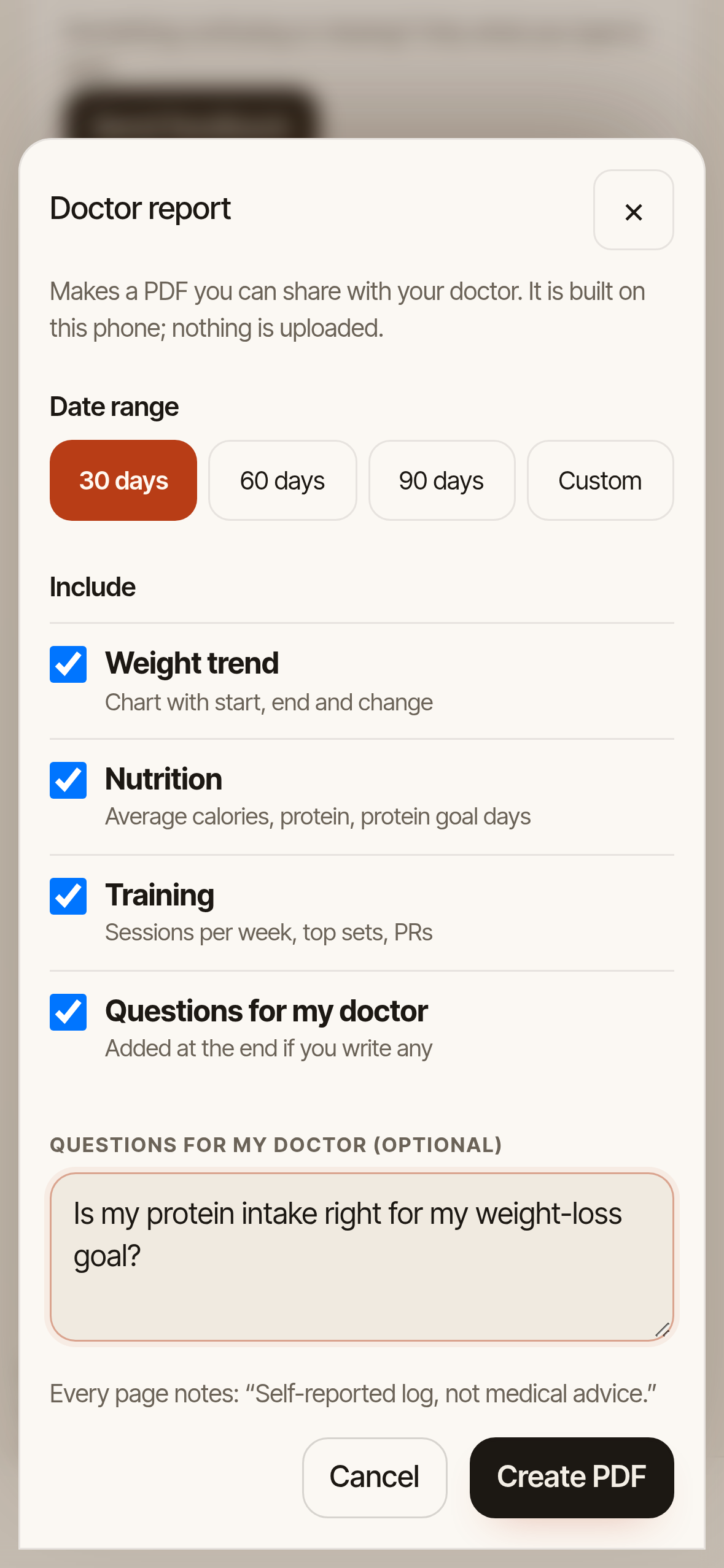 Doctor report screen: choose a date range and include weight trend, nutrition, training and questions for your doctor
